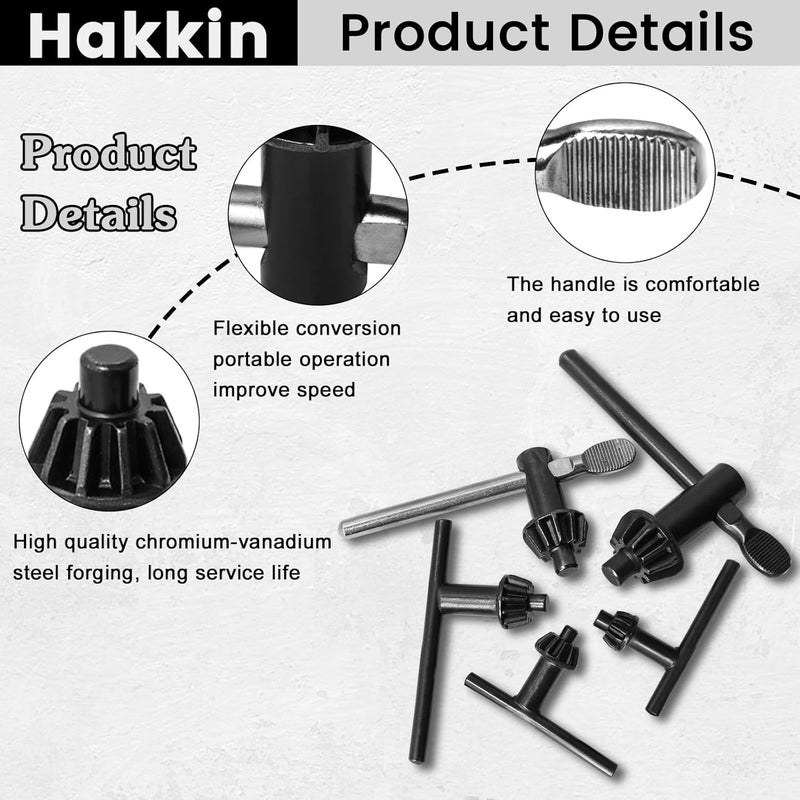 Hakkin 5PCS Drill Chuck Key Wrench 3/4" 5/8" 1/2" 3/8" 1/4" Carbon Steel Heavy Duty Thumb Handle Replacement Drill Clamping Wrench for Electric Drill Clamping Tool - Image 2